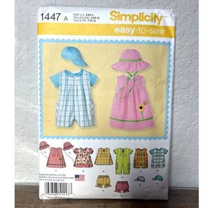 Simplicity 1447A Babies Romper Dress Top Panties Hats Sewing Pattern Uncut XXS-L